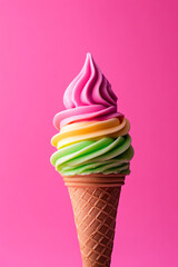 Colorful rainbow ice cream cone against a vibrant pink background. Perfect for summer treats, desserts, and cheerful themes.