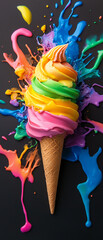 Colorful rainbow ice cream cone with vibrant paint splashes on black background. Perfect for summer and dessert-themed projects.