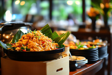 Delicious Asian buffet with an assortment of colorful, freshly prepared dishes in a festive setting.