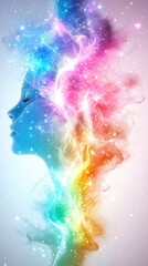 Obraz premium A vibrant, colorful silhouette of a woman blending with cosmic elements, showcasing creativity and ethereal beauty.