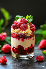 Delicious raspberry parfait with fresh cream and mint garnish, served in a glass. Perfect dessert for any occasion.
