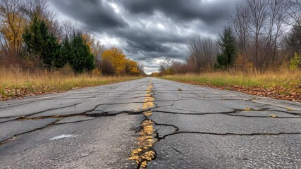 An old, cracked asphalt road leading through a forest with yellow leaves on the trees.
