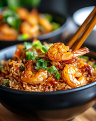 Delicious shrimp fried rice in a black bowl with chopsticks, perfectly garnished with green onions for a mouth-watering meal.