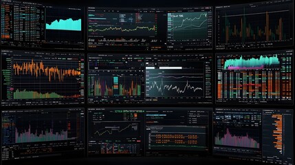 Fototapeta premium Stock trading interface displaying multiple charts and financial data across several windows