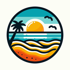 Colorful Tropical Beach Scene with Palm Tree Sun and Birds for Logo and T-Shirt Design