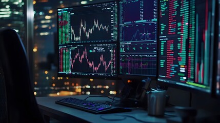 Stock trader's workstation with multiple screens showing live charts and market analytics
