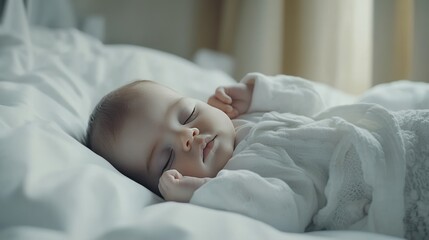 Adorable Baby Sleeping Peacefully in White Bedding