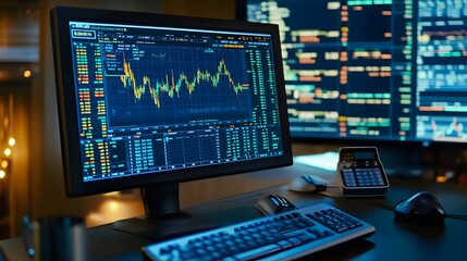 Desktop with stock trading platform open displaying fluctuating market data and trading volumes
