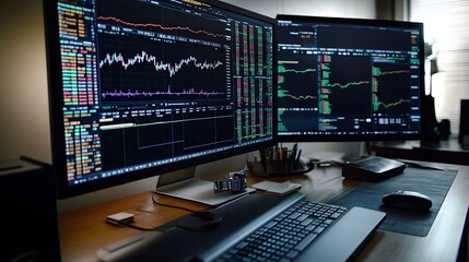 Fototapeta premium Desktop with stock trading platform open displaying fluctuating market data and trading volumes