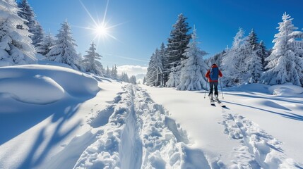 Skier Navigating Through Deep Snow on a Clear Day