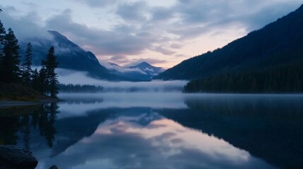 Serene Reflection: Mystical Mountain Lake at Dusk