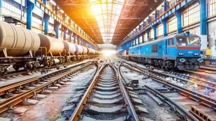 Railway Tracks and Diesel Locomotive Inside Industrial Building