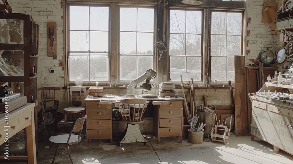Poster a dusty workshop with tools and machinery by a window