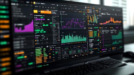 Financial trading dashboard with graphs and stock quotes shown on a widescreen computer