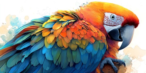 Obraz premium A vibrant macaw with bright blue, red, and yellow feathers on a white background with watercolor splashes.