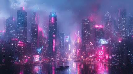 Obraz premium Vibrant futuristic city skyline at night