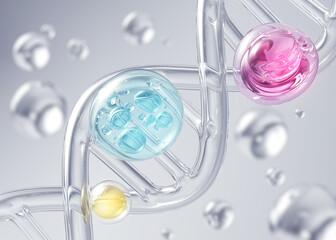 Cosmetic Essence, Liquid bubble, Molecule inside Liquid Bubble on DNA background, 3d rendering