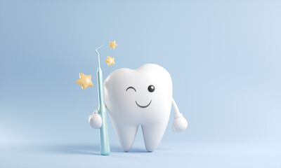 White cartoon Tooth with Medical dentist tool, dental character or mascot,Oral health and dental...
