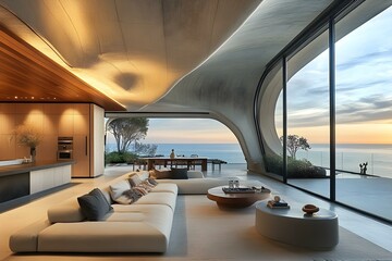 Fototapeta premium Modern Coastal Living Room with Unique Architectural Design and Ocean View