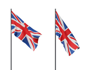 Two British flags blowing in the wind on flagpoles, with a white background. The flags' texture is realistic, creating a patriotic concept. 3D Rendering