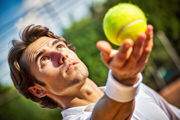 Naklejka premium Determined Caucasian tennis player serving with intense focus