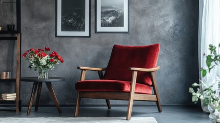 Wooden chair and flowers in grey living room.