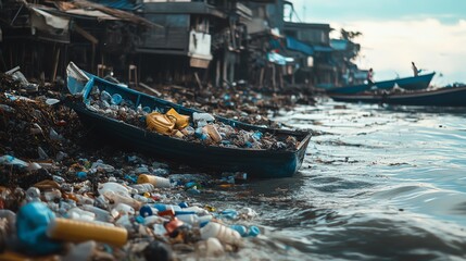 A polluted river scene featuring a boat surrounded by trash and debris, highlighting the environmental crisis and pollution issues.