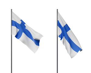 Two Finnish flags on poles shown waving in the breeze. The flags have blue crosses on a white background. Concept of patriotism, celebration. 3D Rendering.