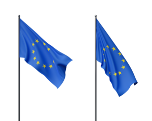 Two European Union flags blowing in the wind, displayed on a white background. Concept of patriotism, unity, and national celebration. 3D Rendering