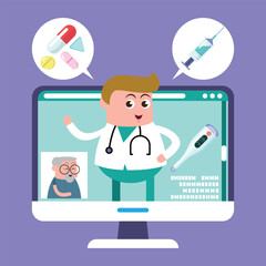 emotion cute vector, illustration flat cartoom character man , nurse and doctor show explain media on line how take care good for healthy.