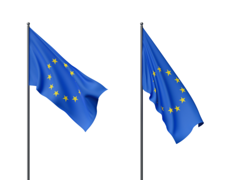 Two European Union flags blowing in the wind, displayed on a white background. Concept of patriotism, unity, and national celebration. 3D Rendering