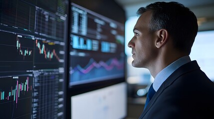 Businessman focused on financial data on a large screen in a professional office environment