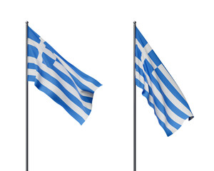 Two Greek flags displayed on flagpoles, waving in the wind on a white background. Patriotic concept with national symbols in motion. 3D Rendering