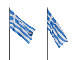 Two Greek flags displayed on flagpoles, waving in the wind on a white background. Patriotic concept with national symbols in motion. 3D Rendering