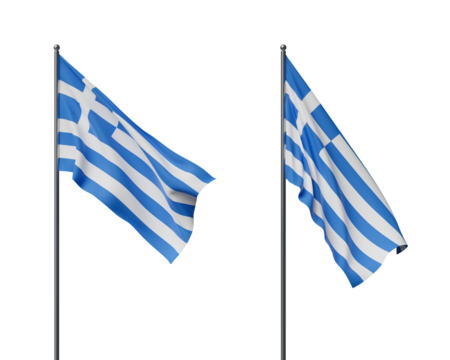 Two Greek flags displayed on flagpoles, waving in the wind on a white background. Patriotic concept with national symbols in motion. 3D Rendering