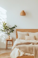 Modern Japandi bedroom showcasing a mix of Scandinavian and Japanese styles with a natural color palette