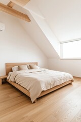 Fototapeta premium Japandi-style bedroom featuring clean lines, a low wooden bed, and calming earthy tones