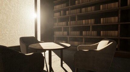 Cozy Coffee Shop Nook for Avid Readers: Stylish Communal Table Surrounded by Books and Armchairs in Ultra-Detailed, Cinematic Light