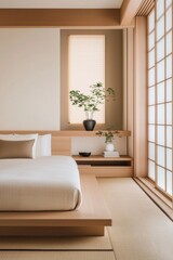 Japandi-style bedroom featuring clean lines, a low wooden bed, and calming earthy tones