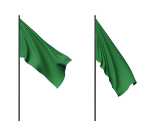 Two green flags blowing in the wind on flagpoles, displayed over a white background. The flags' material appears smooth and flowing. 3D Rendering