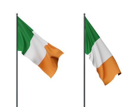 Two Irish flags blowing in the wind on flagpoles against a black background, representing a patriotic and national celebration. 3D Rendering