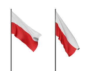 Two Polish flags blowing in the wind on flagpoles, with a white background. The flags have a smooth texture and a realistic appearance. 3D Rendering