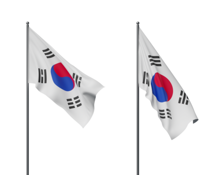 Two South Korean flags waving on poles, displayed against a white background. Represents national pride, celebration, and patriotism. 3D Rendering