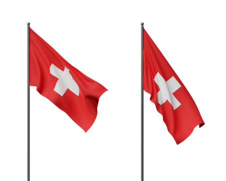 Two Swiss flags waving on metal poles against a white background. The red flags with white crosses are blowing in the wind, symbolizing patriotism. 3D Rendering