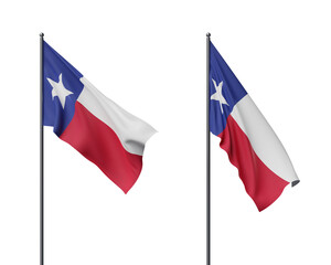 Two Texas state flags on flagpoles waving elegantly. Isolated on a plain white background,...