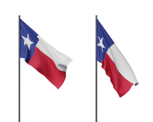 Two Texas state flags on flagpoles waving elegantly. Isolated on a plain white background, symbolizing national pride and government. 3D Rendering