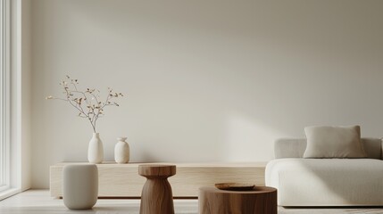Minimalist Nordic living room with neutral tones, soft textures, and wooden decor accents