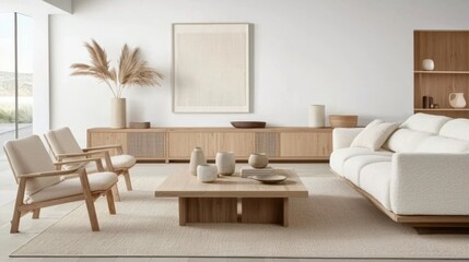 Minimalist Nordic living room with neutral tones, soft textures, and wooden decor accents