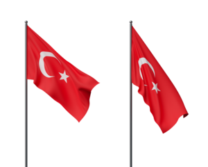 Two Turkish flags waving on flagpoles, red with a white crescent and star, set against a white background. Concept of patriotism and national pride. 3D Rendering
