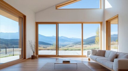 Nordic-style living room with large windows, white walls, and natural wood accents throughout